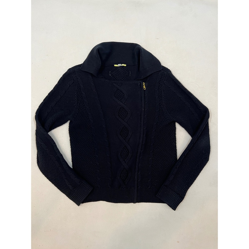 Gianni Bini Womens Black Cable Knit Asymmetrical Zip Cardigan Sweater Medium